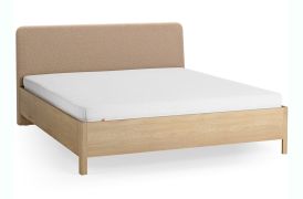 Doppelbett | Eiche massiv | 180 x 200 cm | Farbe: Eiche / Taupe | weich gepolsterte Kopfstütze | inkl. Lift up Lattenrost | dezent abgerundete Form