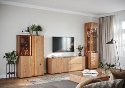 Wohnzimmer Komplett - Set A Sienne, 4-teilig, Massivholz Wildeiche, push-to-open, gebürstet und geölt, inklusive LED-Beleuchtung