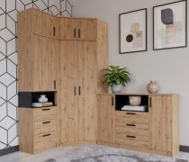 Schlafzimmer - Set | Eckkleiderschrank - Set M Fafe | 5-teilig | Farbe: Eiche Artisan / Schwarz | Kleiderschrank | Schrankaufsatz | Kommode | Soft-Close-System