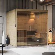 Sauna Indoor-Sauna Sauna-Bausatz Redcentre 02 mit 3 Saunaliegen, Fichte Natur, 196 x 199 x 203 cm, 2 Kopfstützen, Beleuchtung