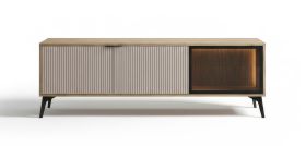 TV-Unterschrank | Eiche Cremona / Beige | ABS-Kantenschutz | 175 x 40,5 x 56 cm | inkl. LED-Beleuchtung | Beine aus Metall | 3 Fächer | 3 Türen
