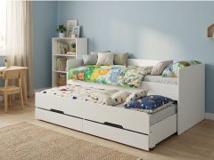 ausziehbares Kinderbett / Jugendbett | Weiß | Liegefläche: 90 x 200 cm | 2 Schubladen | 203,2 x 94,2 x 82,5 cm | grifflose Front | Heraklion 01