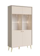 Vitrine | zwei Glaseinlegeböden | Farbe: Beige | 10 Fächer | inkl. LED-Beleuchtung | Griffe & Beine: Gold | Maße: 105,5 x 40,5 x 191 cm | elegantes Design