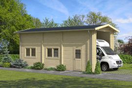 Holzgarage / Einzelgarage mit einer Tür, 70 mm Blockbohlenhaus, Grundfläche: 34,47 m², zwei Doppelfenster, Satteldach, Außenmaße: 884 x 390 cm, idealer Schutz für ihr Auto