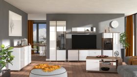 Wohnzimmer Komplett - Set A Kanjiza, 6-teilig, Farbe: Eiche Flagstaff / Weiß / Weiß Hochglanz, zwei Vitrinen, ein TV-Schrank, ein Wandregal, eine Kommode und ein Couchtisch