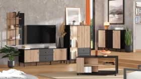 Wohnzimmer Komplett - Set B Secan, 5-teilig, Farbe: Eiche Artisan / Schwarz, ein Wandregal, ein TV-Unterschrank, zwei Kommoden, ein Couchtisch, ABS-Kantenschutz