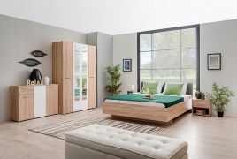Schlafzimmer Komplett - Set A Vibas, 4-teilig, ABS-Kantenschutz, Farbe: Eiche Sonoma / Weiß, ein Kleiderschrank, eine Kommode, ein Doppelbett und zwei Nachtkommoden