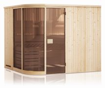 Elementsauna Yuma 68 mm mit 2 Sichtfenstern und Dachkranz - Außenmaße (B x T x H): 244 x 194 x 199 cm