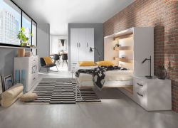 Schlafzimmer Komplett - Set F Nalut | 5-teilig | in Weiß mit schwarzen Metallgriffen | Schrankbett 140 x 200 cm mit LED-Beleuchtung | Nachtkommode | Kleiderschrank | Kommode