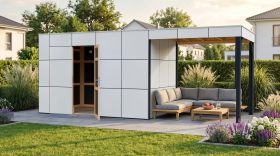 Gartenhaus Lounge Frankfurt 02 mit Dachanbau | Schleppdach | HPL-Fassadenplatten | Grundfläche 13,12 m² | Weiß / Anthrazit | Elementgartenhaus