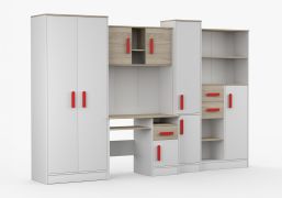 Jugendzimmer Schrankwand mit Schreibtisch | Weiß / Eiche | Grammasos 01 | 300 x 52 x 196 cm | 8 Türen | 3 Schubladen | 19 Fächer | Kinderzimmer