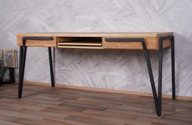 Schreibtisch Kastav 49, Farbe: Eiche / Schwarz, teilmassiv - 79 x 180 x 75 cm (H x B x T)
