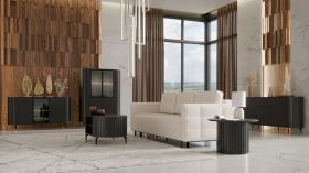 Wohnzimmer Komplett - Set J Annelin, 7-teilig, in Schwarz, 1 Kommode und 1 Vitrine mit LED-Beleuchtung, 1 Couchtisch, 1 Beistelltisch, 1 Kommode