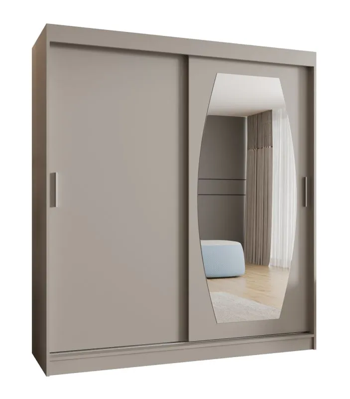 Kleiderschrank / Schiebetürenschrank Musala 16, Farbe: Kaschmir, 1,8 Meter breit, eine Spiegeltür, 10 Fächer, zwei Kleiderstangen, Aluminiumschienen
