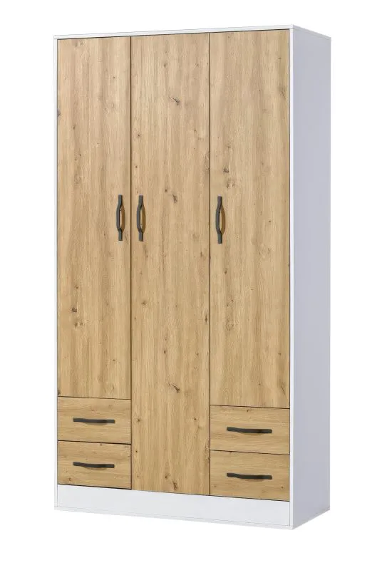 Kleiderschrank | Drehtürenschrank | 3-türig | 120 x 50 x 225 cm | Farbe: Eiche / Weiß / Schwarz | 3 Türen | 4 Schubladen | 11 Fächer | 1 Kleiderstange | Nalut 01