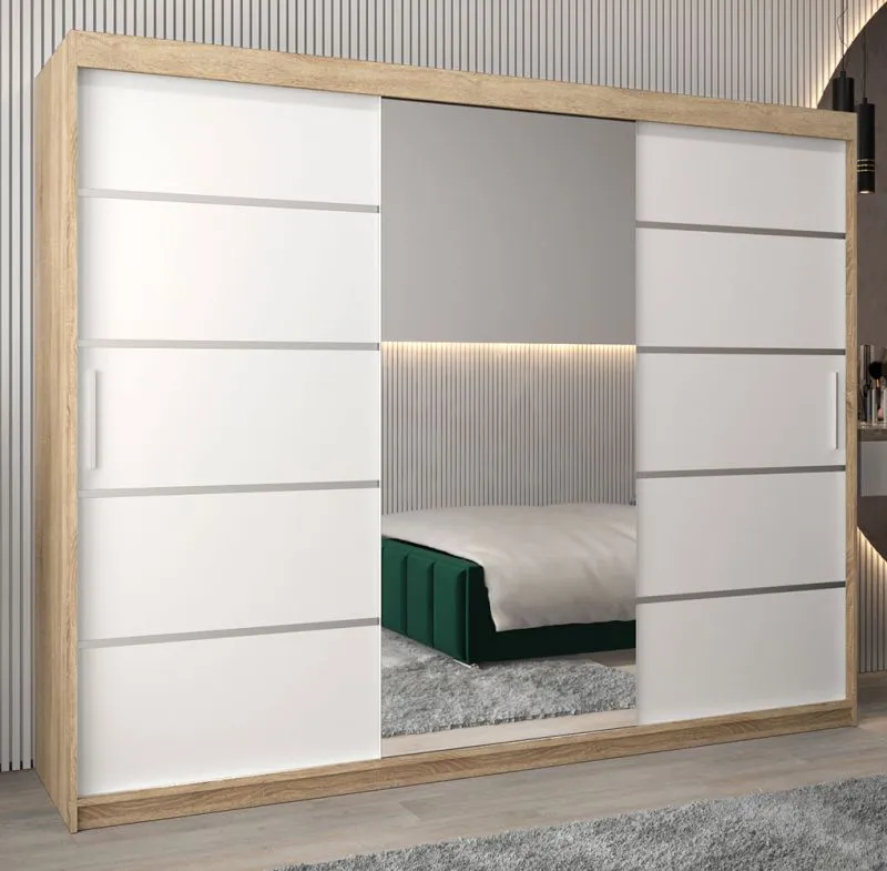 Schiebetürenschrank / Kleiderschrank Jan 06B mit Spiegel, Farbe: Eiche Sonoma / Weiß matt - Abmessungen: 200 x 250 x 62 cm ( H x B x T)