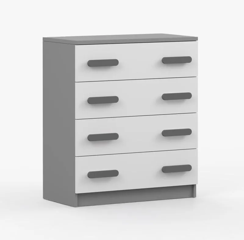 80 cm breite Kommode | Weiß / Grau | Smolikas 16 | graue Holzgriffe | 4 geräumige Schubladen | 90 x 80 x 40 cm | Kinder | Jugend