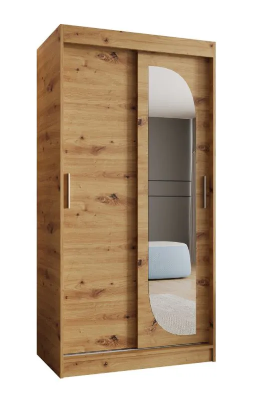 Schiebetürenschrank mit einer Spiegeltür Signalkuppe 01, Farbe: Eiche Artisan, 1 Meter breit, fünf Fächer, zwei Kleiderstangen, für Schlafzimmer