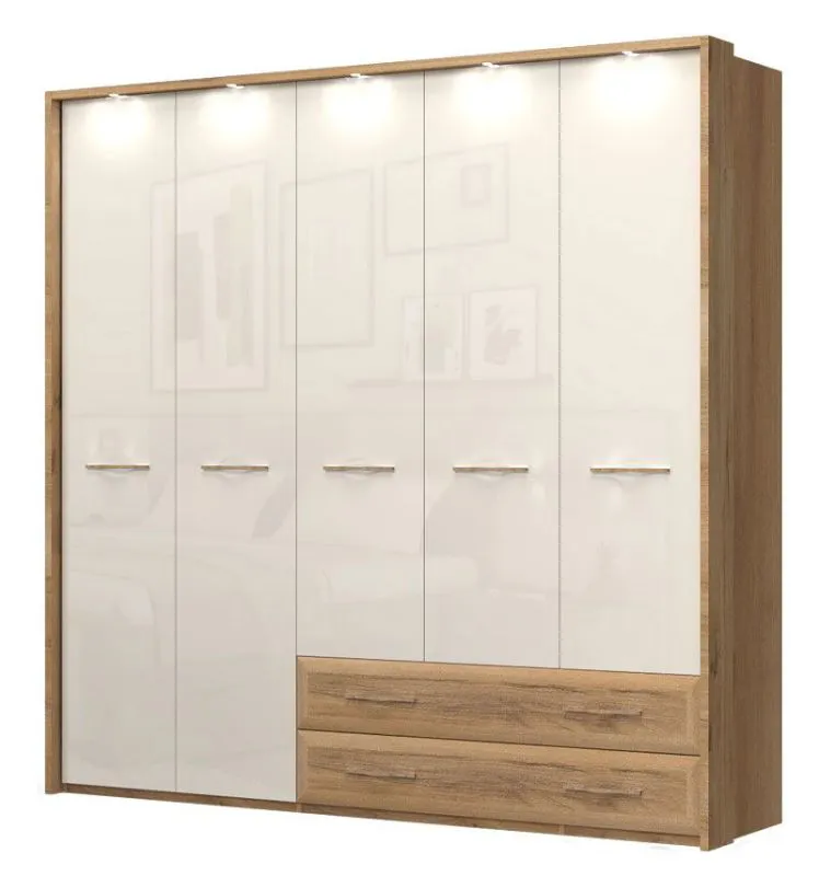 Großer 272 cm breiter Kleiderschrank mit 5 Türen, 5 Fächern und 2 Schubladen | Farbe: Beige | Tiefe: 56 cm Abbildung