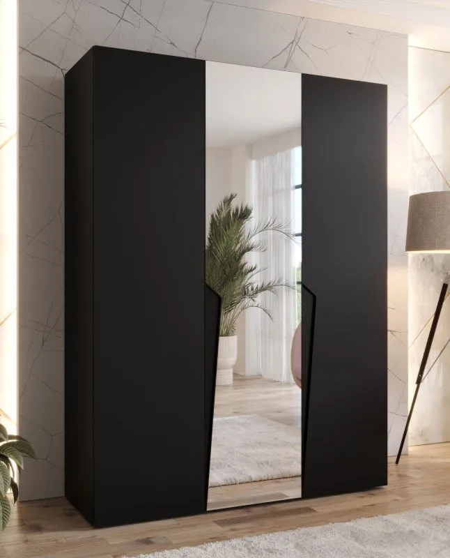 Drehtürenschrank / Kleiderschrank | Farbe: Schwarz | 1 Spiegeltür | Griffe: Schwarz | 2 Fächer | Soft-Close | 2 Kleiderstangen | Maße: 150 x 52 x 202 cm | ABS