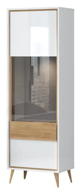Vitrine Tuanai 02, Farbe: Eiche / Weiß Hochglanz - 195 x 64 x 40 cm (H x B x T)