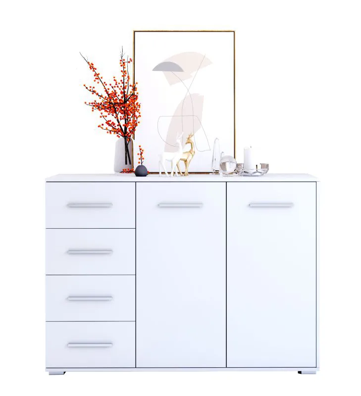 Anrichte mit viel Stauraum / Kommode | Weiß | Comarca 41 | 96 x 135 x 45 cm | 1 Türe | 4 Schubladen | 3 Fächer | Einfarbig | schlichter Stil