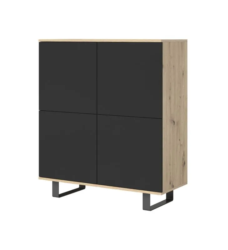 Hohe Kommode mit vier Türen Zapopan 88, Push-to-open Funktion, acht Fächer, Beine: Metall, Farbe: Eiche Artisan / Schwarz, Maße: 114 x 100 x 40 cm