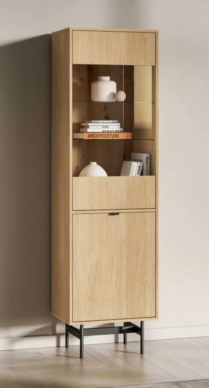Vitrine | 1 Glastür | Farbe: Eiche Mavelie | 5 Fächer | 54 x 40 x 190 cm | Soft-Close Funktion | für Wohnzimmer| Push-to-open Funktion