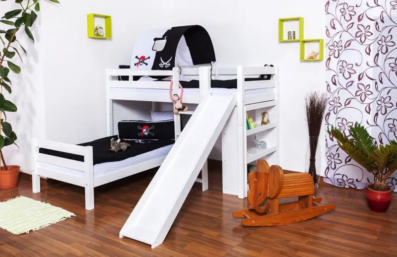 Doppelstockbett L-Form  90 x 200 cm | Buche massiv | weiß lackiert | mit Regal und Rutsche | inkl. Rollrost | teilbar Abbildung