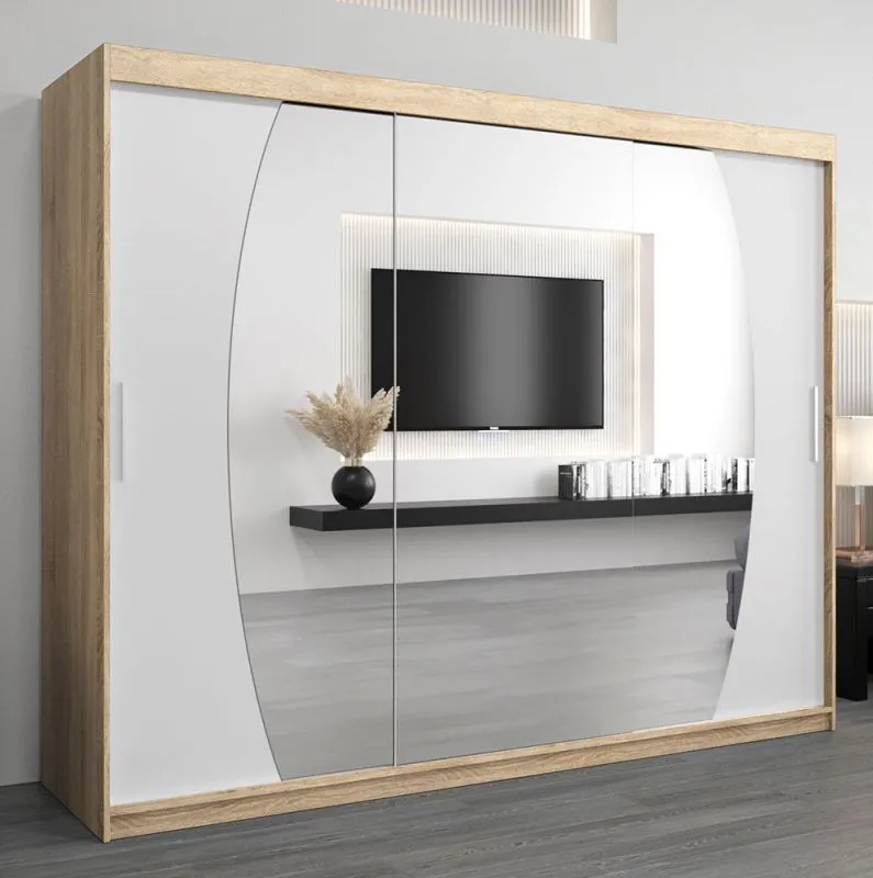 Schiebetürenschrank / Kleiderschrank Calvitero 06 mit Spiegel, Farbe: Eiche Sonoma / Weiß matt - Abmessungen: 200 x 250 x 62 cm ( H x B x T)