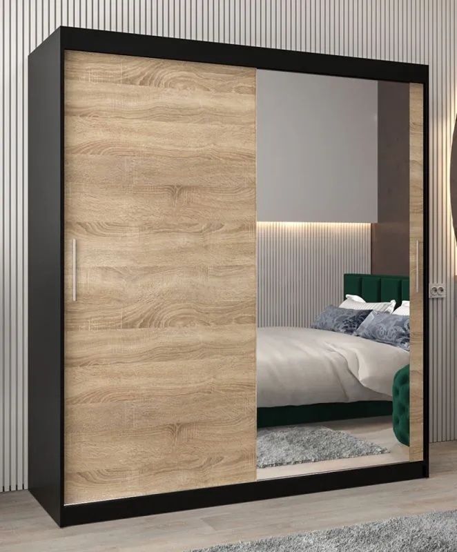 Schiebetürenschrank / Kleiderschrank Bisaurin 4C mit Spiegel, Farbe: Schwarz / Eiche Sonoma - Abmessungen: 200 x 180 x 62 cm ( H x B x T)