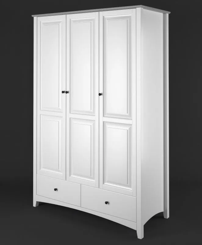Kleiderschrank mit 3 Drehtüren Kiefer Vollholz massiv weiß / grau Lagopus 122, Kleiderstange, 2 Schubladen, 200 x 124 x 60 cm, 4 Fächer