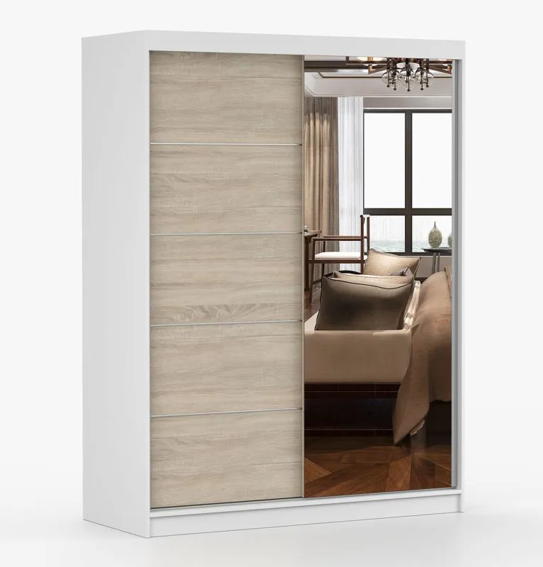 Schiebetürenschrank / Kleiderschrank mit Spiegel | 200 x 150 x 61 cm | Sonoma Eiche / Weiß | Bucegi 22 | 2 Türen | Griffe: Aluminium | 6 Fächer