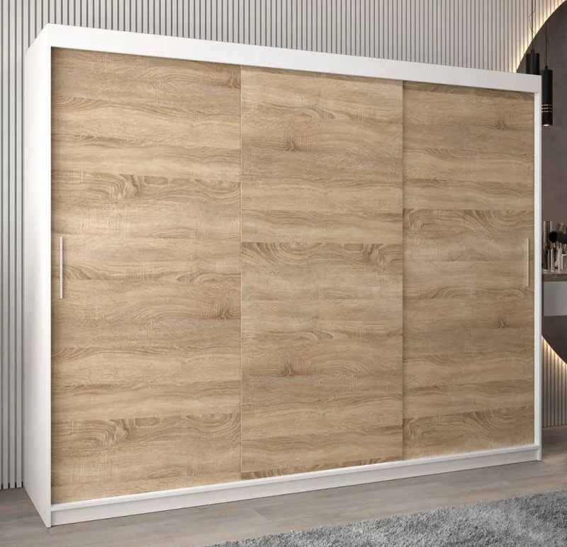 Großer 250 cm breiter Kleiderschrank mit 10 Fächern und 3 Türen | Farbe: Sonoma Eiche / Weiß Abbildung