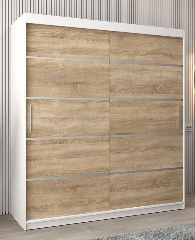Schiebetürenschrank / Kleiderschrank Jan 04A, Farbe: Weiß matt / Eiche Sonoma - Abmessungen: 200 x 180 x 62 cm ( H x B x T)