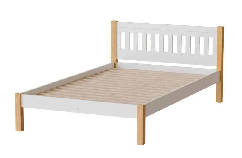 Gästebett / Einzelbett Maive 05, Liegefläche: 120 x 200 cm, in Weiß / Eiche Natur, Füße: 55 mm dick, Kiefernholz, inkl. Lattenrost - Holzleisten auf Gurt