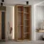 Kleiderschrank Mina in Eiche/Schwarz mit Schiebetüren, 1 Meter breit, ausziehbare Metallstangen, Lamellen aus Kunststoff, viel Stauraum, moderne Optik