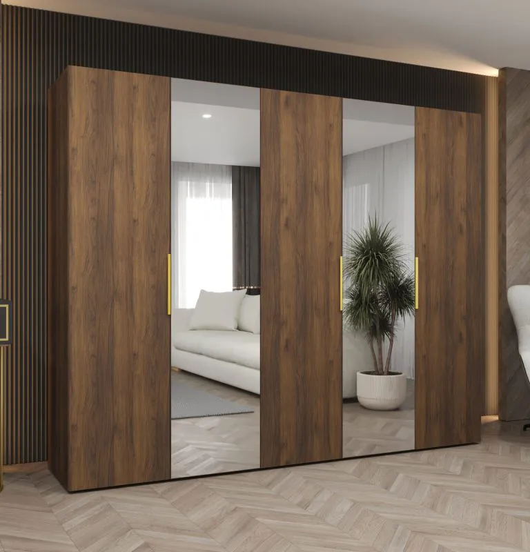 Drehtürenschrank mit drei Kleiderstangen | Farbe: Walnuss | drei Fächer | 2,5 Meter breit | Griffe: Gold | Soft-Close-Funktion | zwei Spiegeltüren