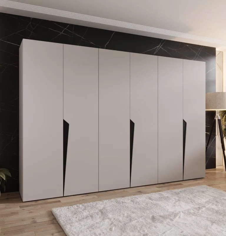 Drehtürenschrank | Farbe: Kaschmir | ABS-Kanten | 3 Meter breit | 3 Kleiderstangen | Soft-Close-Funktion | Griffe: Schwarz | 3 Fächer | Maße: 300 x 52 x 202 cm