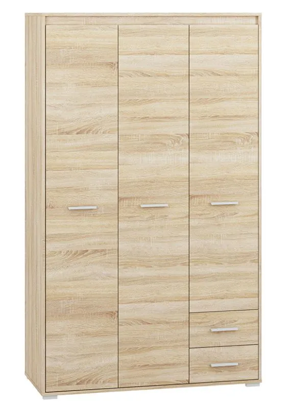 Kleiderschrank | 3 Drehtüren | 2 Schublade | 6 Fächer | mit Kleiderstange | 120 cm breit | Farbe: Sonoma Eiche Abbildung