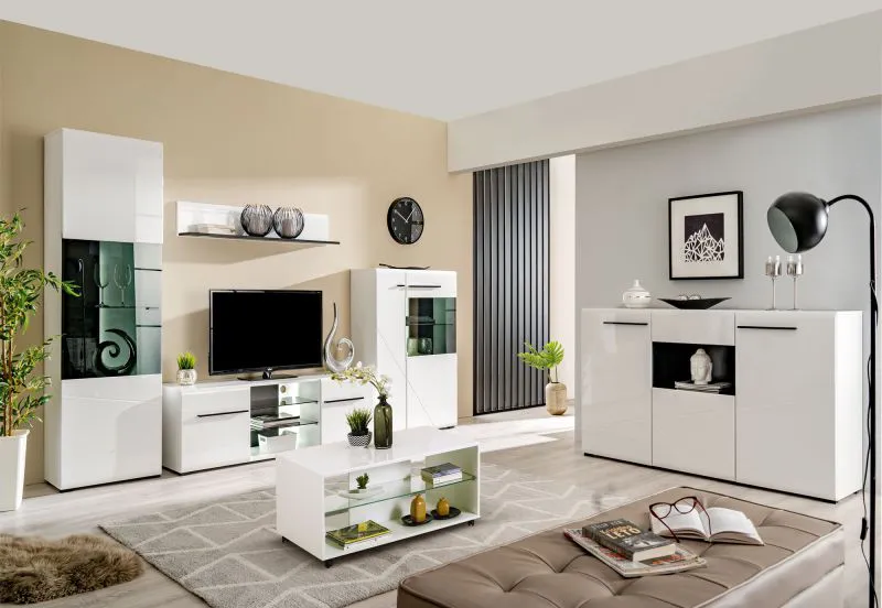 Helles Wohnzimmer Komplett - Set B Idos, 6-teilig, Farbe: Weiß / Weiß Hochglanz / Schwarz, mit Parsolglas, zwei Vitrinen, eine Kommode, ein TV-Schrank, ein Couchtisch und ein Wandregal