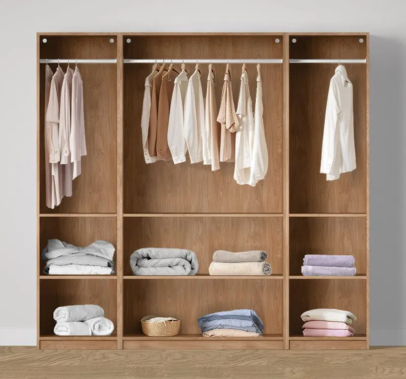 Offener Kleiderschrank | breit | 3 Kleiderstangen | Farbe: Eiche Puccini | 4 Fächer | Maße: 206 x 55 x 196 cm | einfaches Design | 6 Holzeinlegeböden | für Schlafzimmer