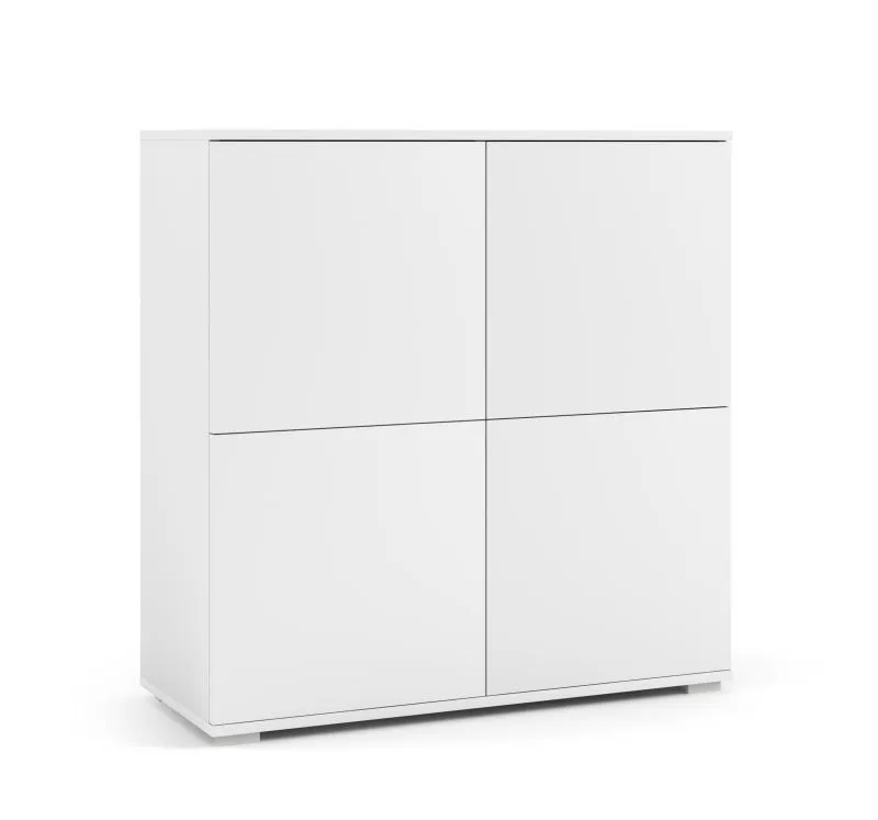 Schlichte Kommode mit Push-to-open Funktion Zapopan 96, Farbe: Weiß, Maße: 102 x 100 x 40 cm, vier Türen, acht Fächer, einfach und modernes Design