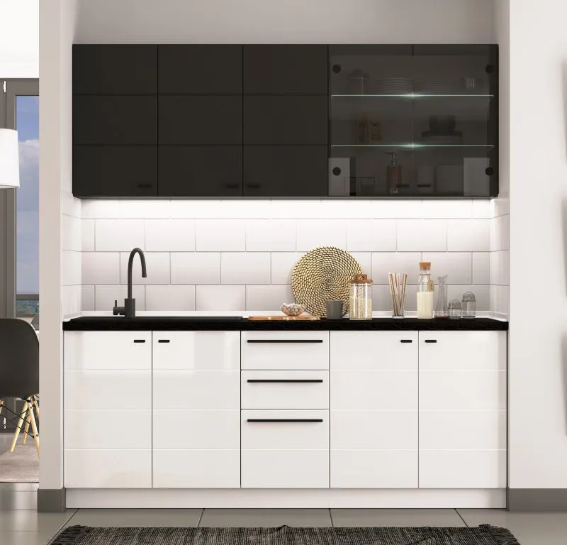 Elegante Küchenzeile / Küchenblock Plina 01, Farbe: Weiß / Schwarz / Schwarz Matt, zwei Schubladen, ABS-Kanten, 200 cm breit, ein Hängeschrank mit Glastüren