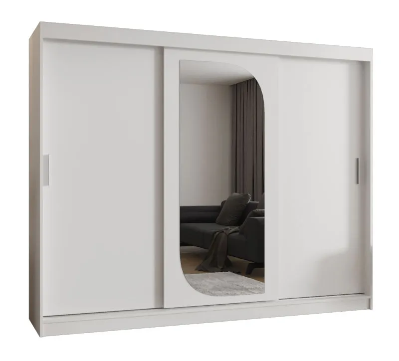 Kleiderschrank mit 10 Fächer Signalkuppe 22, Farbe: Weiß, 2,5 Meter breit, eine Spiegeltür, zwei Kleiderstangen, Schiebetürenschrank