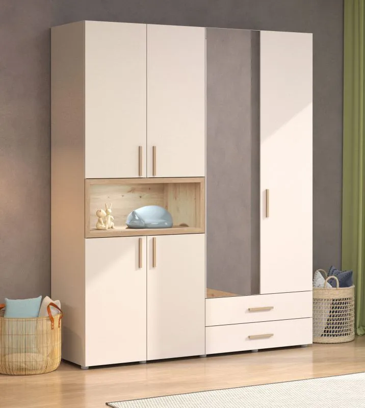 Drehtürenschrank / Kleiderschrank | Farbe: Kaschmir / Eiche Artisan | 1 Spiegeltür | 179 x 56 x 227 cm | zwei Kleiderstangen | fünf Fächer | zwei Schubladen