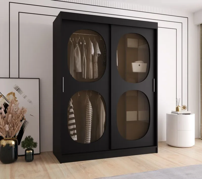 Schiebetürenschrank / Kleiderschrank Ortler 01, Farbe: Schwarz, 1,5 Meter breit, fünf Fächer, Türen mit Glas, zwei Kleiderstangen, für Schlafzimmer