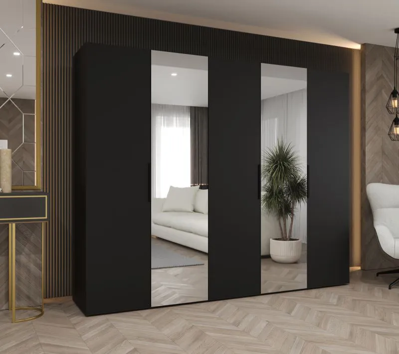 Drehtürenschrank / Kleiderschrank Korab 94, Farbe: Schwarz, zwei Spiegeltüren, drei Kleiderstangen, Griffe: Schwarz, 2,5 Meter breit, Soft-Close-Funktion