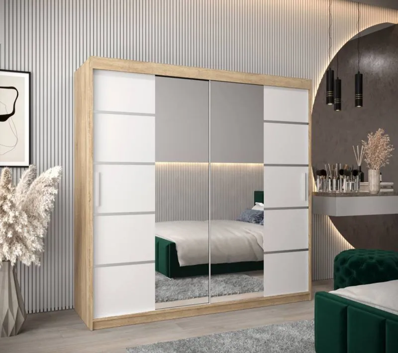 200 cm breiter Kleiderschrank mit 2 Türen | 10 Fächer | Farbe: Sonoma Eiche / Weiß Abbildung