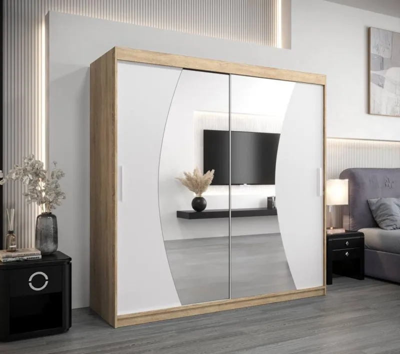 200 cm breiter Kleiderschrank mit 2 Türen | 10 Fächer | Farbe: Sonoma Eiche / Weiß Abbildung
